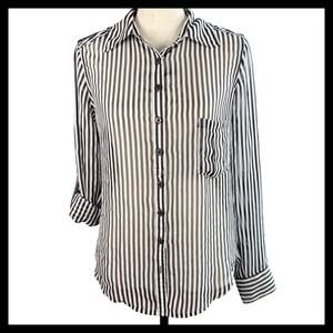 GUESS Los Angeles Women's XS Black‎ White Striped Sheer Button Down Blouse